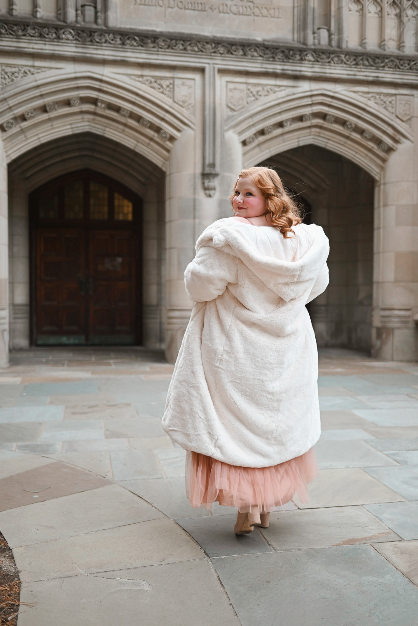 A Plus Size Outfit for the Nutcracker Ballet | Style a breathtaking gown with a dress coat and glam accessories for a magical night out.