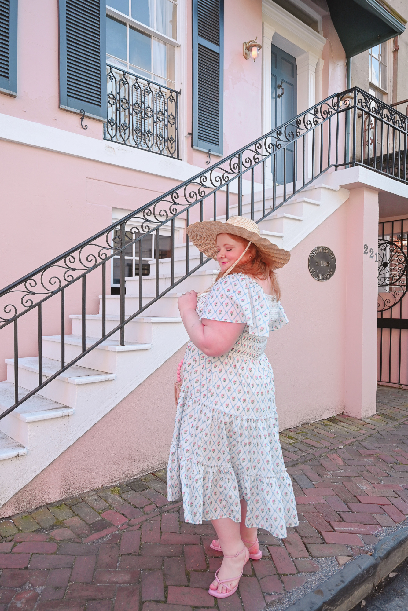Ivy City Co Dress Review | Shop the Sweet Rose Dress in Blue (sizes xxs-5X), Lack of Color scalloped hat, and Soli & Sun Sienna Bag in Pink.