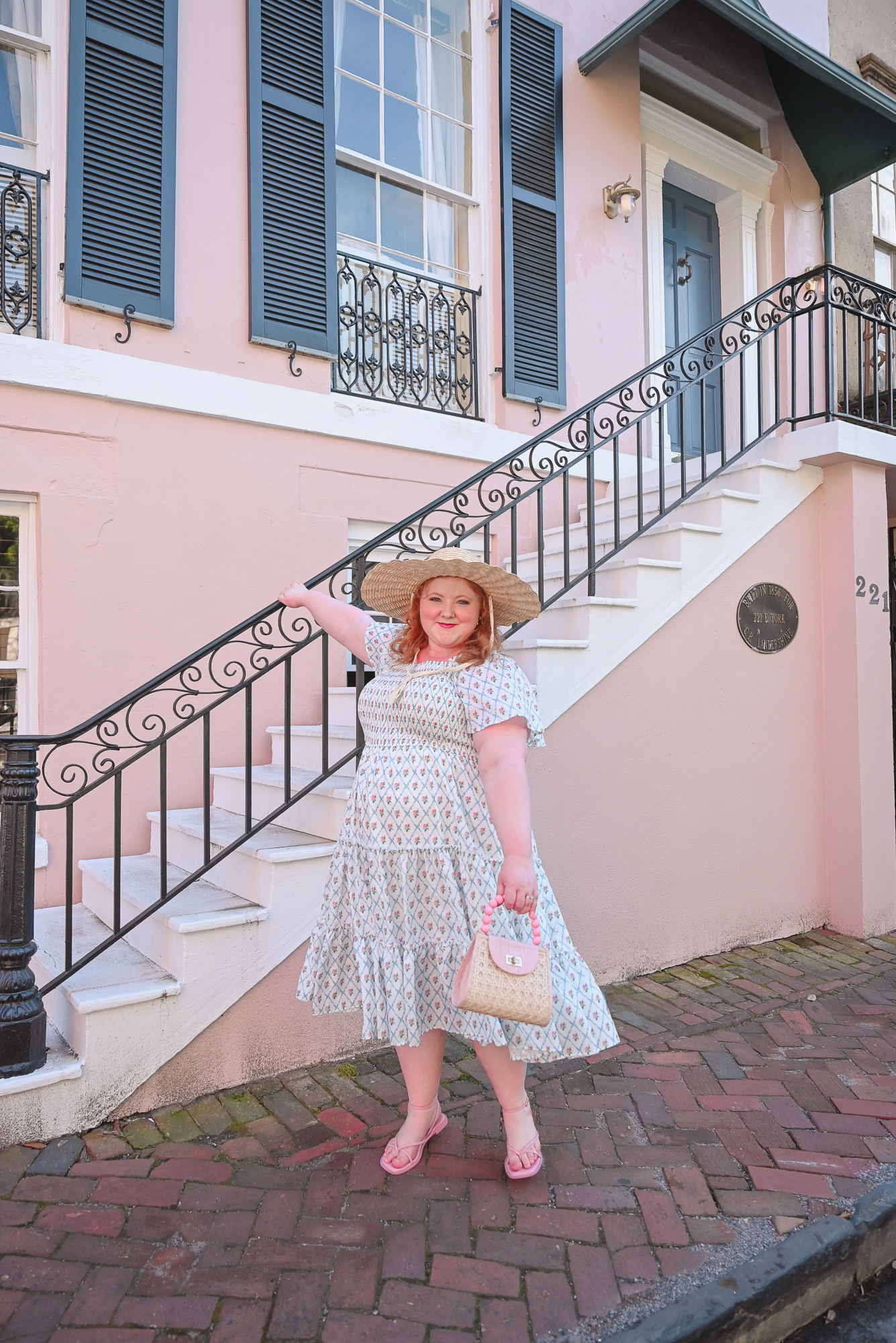 Ivy City Co Dress Review | Shop the Sweet Rose Dress in Blue (sizes xxs-5X), Lack of Color scalloped hat, and Soli & Sun Sienna Bag in Pink.