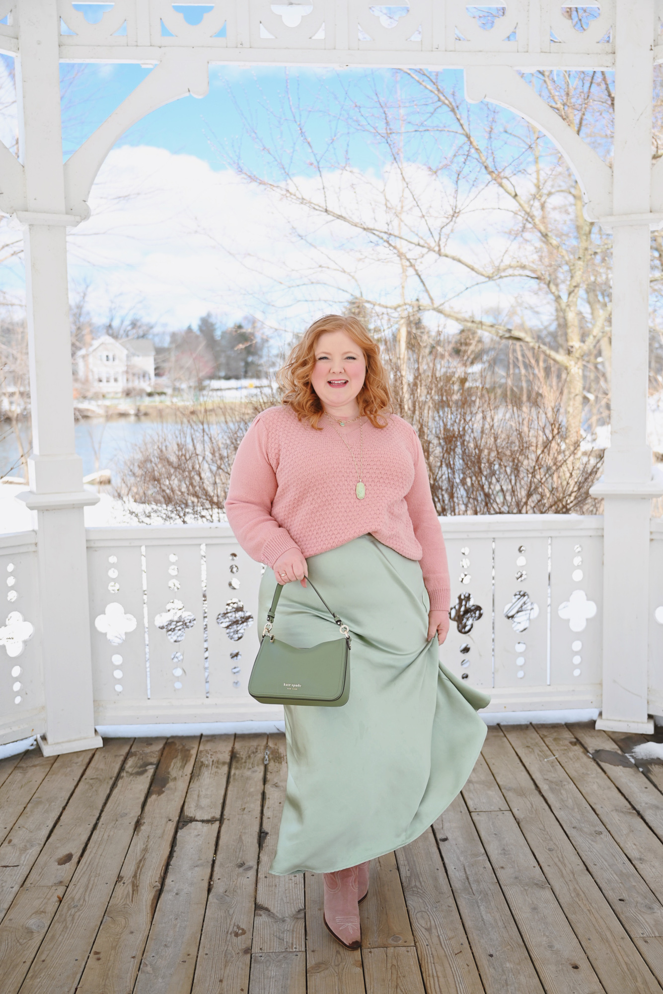 A Pink and Green Spring Transition Outfit | Shop plus size spring trends and new arrivals from Ulla Popken and Arula.